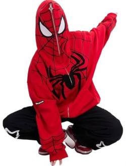 YINGKE Herren Spider Print Full Zip Up Hoodie Vintage Kapuzenjacke Y2K Unisex Oversized Streetwear Sweatshirt (L, Rot) von YINGKE