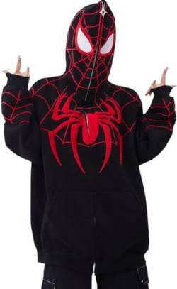 YINGKE Herren Spider Print Full Zip Up Hoodie Vintage Kapuzenjacke Y2K Unisex Oversized Streetwear Sweatshirt (S, Schwarz) von YINGKE