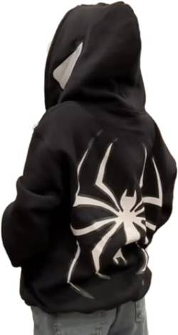 YINGKE Herren Spinnen Print Kapuzenpullover Y2K Punk Dunkle Gotisch Halloween Jacke mit Reißverschluss Unisex Streetwear Kapuzenpullover(3XL,Schwarz) von YINGKE