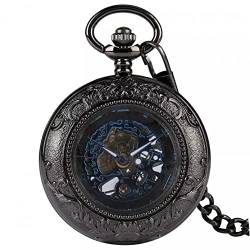 YINGMUZI Retro Schwarz Blumenmuster Gehäuse Glas Mechanische Taschenuhr Mode Blau Skeleton Römische Zahl Zifferblatt Kettenuhr für Männer Frauen Hochzeitstag Vatertag Weihnachten Geburtstagsgeschenk von YINGMUZI