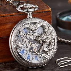 YINGMUZI Silber Mechanische Taschenuhr Drachen Laser Gravierte Uhr Tier Halskette Anhänger Handaufzug Uhr Männer Fob Uhr Kette Hochzeitstag Vatertag Weihnachten Geburtstagsgeschenk von YINGMUZI