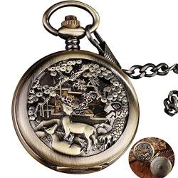 YINGMUZI Vintage Bronze Steampunk Mechanische Taschenuhr Männer Taille Kette Hirsch Hohl Design Zifferblatt Römische Nummer Zwei Offene Gesicht Männliche Uhr von YINGMUZI