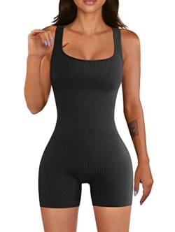 YIOIOIO Frauen Yoga Strampler Workout Gerippt Quadratischer Ausschnitt Einteiler Nahtlose Tank Top Jumpsuit, 01 schwarz, S von YIOIOIO