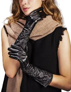 YISEVEN Damen Touchscreen Lammfelll Lederhandschuhe Mid-long Elegant Leder Autofahrer Handschuhe mit Warm Gefüttert Geschenke, Schwarz Groß/7.5" von YISEVEN