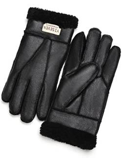 YISEVEN Damen Winter Schaffell Lammfell Lederhandschuhe Fäustlinge Wollbündchen Fahren Beheizt Warm Dicker Pelz Sherpa Gefüttert Merino Weiches Wollfutter Furrys Geschenke, Rissiges Schwarz XL von YISEVEN