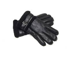 YISEVEN Herren Lederhandschuhe Winter Gefüttert mite Lammfell Geschenke, Schnalle Befestigen Männer Handschuhe Lammfellfutter Fell Fingerhandschuhe Dicke Fellhandschuhe Shearling Geschenke, Schwarz M von YISEVEN