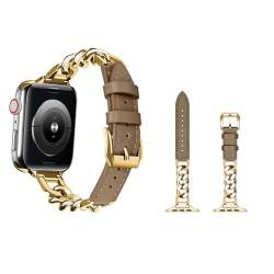 YISIWERA Kompatibel mit Apple Watch Armband 38mm 40mm 41mm Kette Echtes Lederband Ersatzarmband Damen Armbands für Apple Watch Series 9/8/SE/7/6/5/4/3/2/1/Ultra 2 Taupe Gold von YISIWERA
