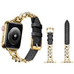 YISIWERA Kompatibel mit Apple Watch Armband 42mm 44mm 45mm 49mmEdelstahl Kette Echtes Lederband Ersatzarmband Damen Armbands für iWatch SE 2 SE Series 9 8 7 6 5 4 3 2 1 Schwarz Gold von YISIWERA