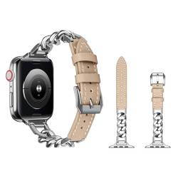 YISIWERA Kompatibel mit Apple Watch Armband 42mm 44mm 45mm 49mmMetallkette Aprikose Lederband Ersatzarmband Armbands Damen für iWatch SE 2 SE Series 9 8 7 6 5 4 3 2 1 von YISIWERA