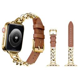 YISIWERA Lederarmband Kompatibel mit Apple Watch Armband 38mm 40mm 41mm Gold Metallkette Kette Echtes Lederband Ersatzarmband Damen Armbands Braun für iWatch Series 9/8/7/6/5/4/3/2/1 SE von YISIWERA