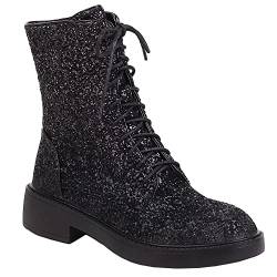 YIYA Damen Schnürschuh Glitzer Pailletten Combat Boots Round Toe Chunky Low Heel Side Zipper Sparkly Ankle Booties, Schwarz, 38 EU von YIYA