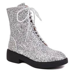 YIYA Damen Schnürstiefel mit Glitzer-Pailletten, runde Zehenpartie, klobiger niedriger Absatz, seitlicher Reißverschluss, funkelnde Stiefeletten, silber, 40.5 EU von YIYA