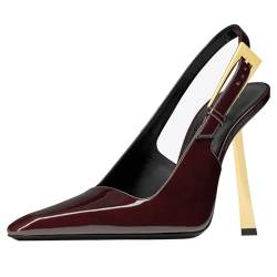 YIYA Slingback-Pumps für Damen, mit Schnallenriemen, Slipper, geschlossener spitzer Zehenbereich, Stiletto, hoher Absatz, Hochzeit, Party, Freizeitkleid, rückenfrei, Pantoletten, Weinrot, 38 EU von YIYA