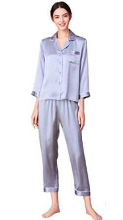 YIYUAN Damen Lang Pyjama Sets, 100% Maulbeerseide Nachtwäsche,Langarm,16.5 Momme Seide Hausanzug (as3, Alpha, s, Regular, Regular, Haze Blue) von YIYUAN