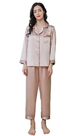 YIYUAN Damen Lang Pyjama Sets, 100% Maulbeerseide Nachtwäsche,Langarm,16.5 Momme Seide Hausanzug (as3, Alpha, x_l, Regular, Regular, Champagner) von YIYUAN