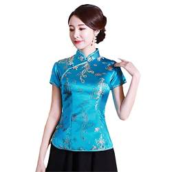 YIZHIWANG Vintage-Blumen-Frauen-chinesisches traditionelles Satin-Sommer-Hemd-Neuheit-Drache-Kleidungs-Oberseiten-Neuheit-Kleidung A0016 Lakeblue M von YIZHIWANG