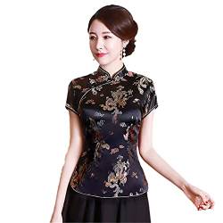 YIZHIWANG Vintage-Blumen-Frauen-chinesisches traditionelles Satin-Sommer-Hemd-Neuheit-Drache-Kleidungs-Oberseiten-Neuheit-Kleidung A0017 Black L von YIZHIWANG