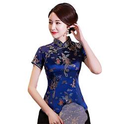 YIZHIWANG Vintage-Blumen-Frauen-chinesisches traditionelles Satin-Sommer-Hemd-Neuheit-Drache-Kleidungs-Oberseiten-Neuheit-Kleidung A0018 navyblue M von YIZHIWANG