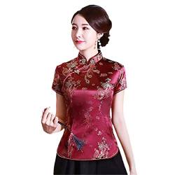 YIZHIWANG Vintage-Blumen-Frauen-chinesisches traditionelles Satin-Sommer-Hemd-Neuheit-Drache-Kleidungs-Oberseiten-Neuheit-Kleidung A0021 Burgundy XL von YIZHIWANG