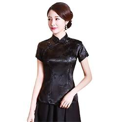 YIZHIWANG Vintage-Blumen-Frauen-chinesisches traditionelles Satin-Sommer-Hemd-Neuheit-Drache-Kleidungs-Oberseiten-Neuheit-Kleidung A0023 Black XL von YIZHIWANG