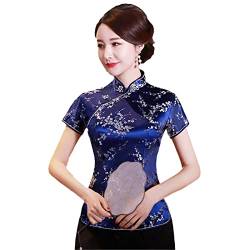 YIZHIWANG Vintage-Blumen-Frauen-chinesisches traditionelles Satin-Sommer-Hemd-Neuheit-Drache-Kleidungs-Oberseiten-Neuheit-Kleidung A0025 navyblue L von YIZHIWANG