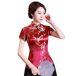 YIZHIWANG Vintage-Blumen-Frauen-chinesisches traditionelles Satin-Sommer-Hemd-Neuheit-Drache-Kleidungs-Oberseiten-Neuheit-Kleidung A0026 Burgundy M von YIZHIWANG