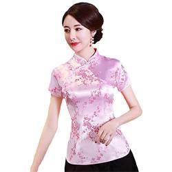 YIZHIWANG Vintage-Blumen-Frauen-chinesisches traditionelles Satin-Sommer-Hemd-Neuheit-Drache-Kleidungs-Oberseiten-Neuheit-Kleidung A0028 pink XL von YIZHIWANG