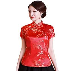 YIZHIWANG Vintage-Blumen-Frauen-chinesisches traditionelles Satin-Sommer-Hemd-Neuheit-Drache-Kleidungs-Oberseiten-Neuheit-Kleidung A0029 red M von YIZHIWANG