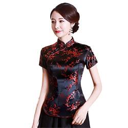 YIZHIWANG Vintage-Blumen-Frauen-chinesisches traditionelles Satin-Sommer-Hemd-Neuheit-Drache-Kleidungs-Oberseiten-Neuheit-Kleidung A0031 Black red L von YIZHIWANG