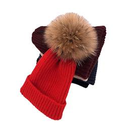 YIZHIWANG Wolle Wintermützen für Frauen gestrickte Wolle 100% Naturpelz Pompoms Mützen Lady Beanies Totenkopf Damen Hut Mütze rot M von YIZHIWANG