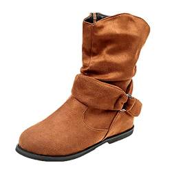 YJING Damen Kurzschaft Stiefel Winter Flach Absatz Schneestiefel Kurz Stiefeletten Schuhe Mädchen Winterstiefel Schlupfstiefel Herbst Winter Freizeit Flach Boots Schuhe Outdoor(Braun,36) von YJING