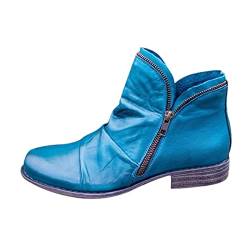 YJING Damen Stiefeletten Kurze Mode Winterstiefel Stiefel mit Reißverschluss Knöchel Stiefel Kurzschaft Boots Flache Chelsea Boots Retro Cowboy Stiefel Biker Boots Herbst Winter Schuhe(12-Blau,39) von YJING