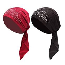 Chemo-Hut für Damen, mit Kristallen, plissiert, dehnbar, Turban-Kappe, Beanie, Bandana mit Totenkopf-Kappe, Alopezie-Haarausfall Gr. Einheitsgröße, 2er-Pack = Schwarz + Wein von YJZQ