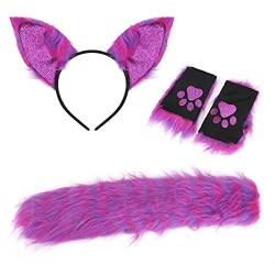 YJZQ Faux Fluffy Fox Ears Tail Paw Gloves Mitten Set Halloween Cosplay Fancy Dress Accessory Fox Headband Claw for Women Ladies (Lila) von YJZQ