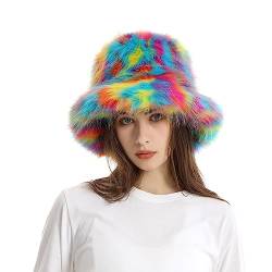 YJZQ Fischerhut Damen Winter Plüsch Bucket Hat Kunstpelz Wintermütze Breite Krempe Fellmütze Eimerhut Warme Fischermütze für Frauen Mädchen Einheitsgröße von YJZQ