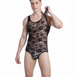 YJZQ Herren Mesh Transparent Bodysuit Spitzen Tops Sissy Dessous Männer sexy Unterwäsche Erotik Weste ärmellose Einteiler Singlets Jumpsuit Nachtwäsche M-XL von YJZQ