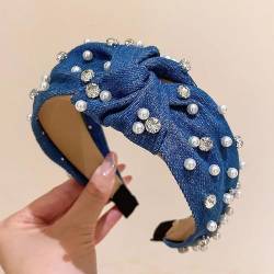 Stirnband, Haarbänder, Damen Denim Knoten Strass Perlen Haarband Stirnband Erwachsene Haarschmuck Haarschmuck (Color : DEEP BLUE, Size : One Size) von YJzhAHanG