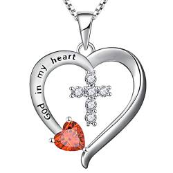 YL Herz Kette 925 Sterling Silber Januar Geburtsstein Granat Kreuz Anhänger Halskette für Damen, Kette 45 + 3CM von YL