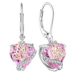 YL Herz Ohrringe 925 Sterling Silber Schmetterling mit Oktober Geburtsstein Rosa Turmaline Ohrringe Schmuckgeschenke für Damen Mutter Freundin ihre ihre Frau von YL