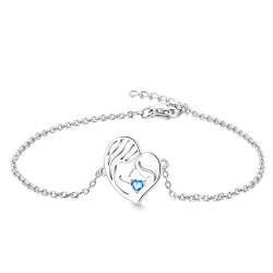 YL Mutter und Tochter Armband 925 Sterling Silber Schnitt März Geburtsstein Aquamarine Blue Herz Armband für Mutter Damen von YL