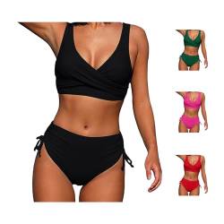 Bikini Damen Set, Bikini Damen Bauchweg Zweiteiliger Push Up Badeanzug Damen V Ausschnitt Überkreuztes Bauchkontrolle Bikini Sexy High Waist Bikini CrossBack BademodeDamen Twistt Front (B-Black, XXL) von YLLQXI