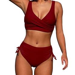 Bikini Damen Set, Bikini Damen Bauchweg Zweiteiliger Push Up Badeanzug Damen V Ausschnitt Überkreuztes Bauchkontrolle Bikini Sexy High Waist Bikini CrossBack BademodeDamen Twistt Front (D-Red, M) von YLLQXI