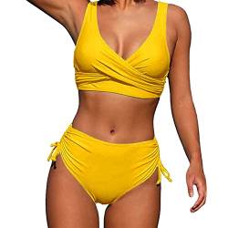 Bikini Damen Set, Bikini Damen Bauchweg Zweiteiliger Push Up Badeanzug Damen V Ausschnitt Überkreuztes Bauchkontrolle Bikini Sexy High Waist Bikini CrossBack BademodeDamen Twistt Front (D-Yellow, L) von YLLQXI