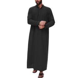 Gebetskleidung für Männer Muslim Kaftan Herren Burka Arabische Kleidung Herren Thobe Muslimische Kleidung Lang Abaya Royaltyy Dubai Robe Islamisch mit Tasche Retro Tuniken Lose Loungewear (7-Black, S) von YLLQXI