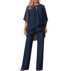 Hosenanzug Damen Tüll Abendanzug Sets Zweiteiler Hosenanzug Damen Festlich Elegant Chiffon Shirt Hohe Taille Hosenanzug Elegant Vintage 2-Teiliges Set Outfit Cocktail Party Hosenanzug (Navy-A, XL) von YLLQXI