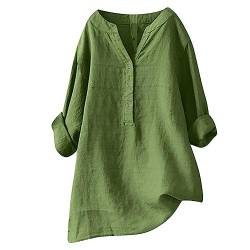 Leinen Bluse Damen Leinenbluse Damen Oberteile Damen Sommer Langarm Große Größen Hemdbluse Blusenkleid Damen Tunika V-Ausschnitt Langarmshirt Leinen Baumwolle Hemd Musselin Bluse (Green #1, XXXXL) von YLLQXI