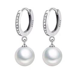 1 Paar Ohrringe Zirkonia Perlen, Ohrringe Perlen Anhänger 925 Sterling Silber vergoldet Weißgold Ohrringe Perlen Weiß 10 mm feiner Schmuck für Damen von YLLZJ