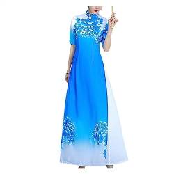 YLWX Ao Dai Vietnamesisches Kleid Qi Pao 2023, Traditionelles Lotusblumen-Cheongsam, Sommerliches Dünnes Chinesisches Kleid, Lange Laufstegkostüme (Color : Blau, Size : XXL) von YLWX