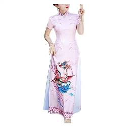 YLWX Ao Dai Vietnamesisches Kleid Qi Pao 2023, Traditionelles Lotusblumen-Cheongsam, Sommerliches Dünnes Chinesisches Kleid, Lange Laufstegkostüme (Color : Pink, Size : M) von YLWX