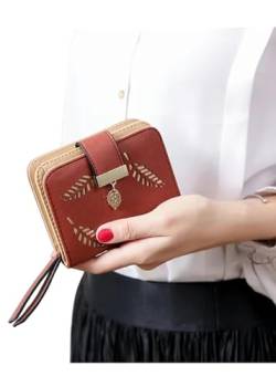 YLXCKGS Geldbörse Mode Frauen Geldbeutel Kurzer Reißverschluss Brieftasche Frauen Leder Kleine Frauen Brieftaschen Clutch Bag Mit Hohlen Blättern-Kaffee von YLXCKGS